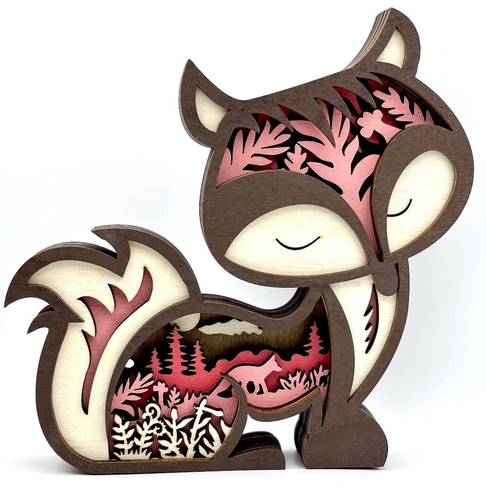 Sweet Expression Pink Brown Fox Forest Wood Animal Multilayer 3D Diorama New
